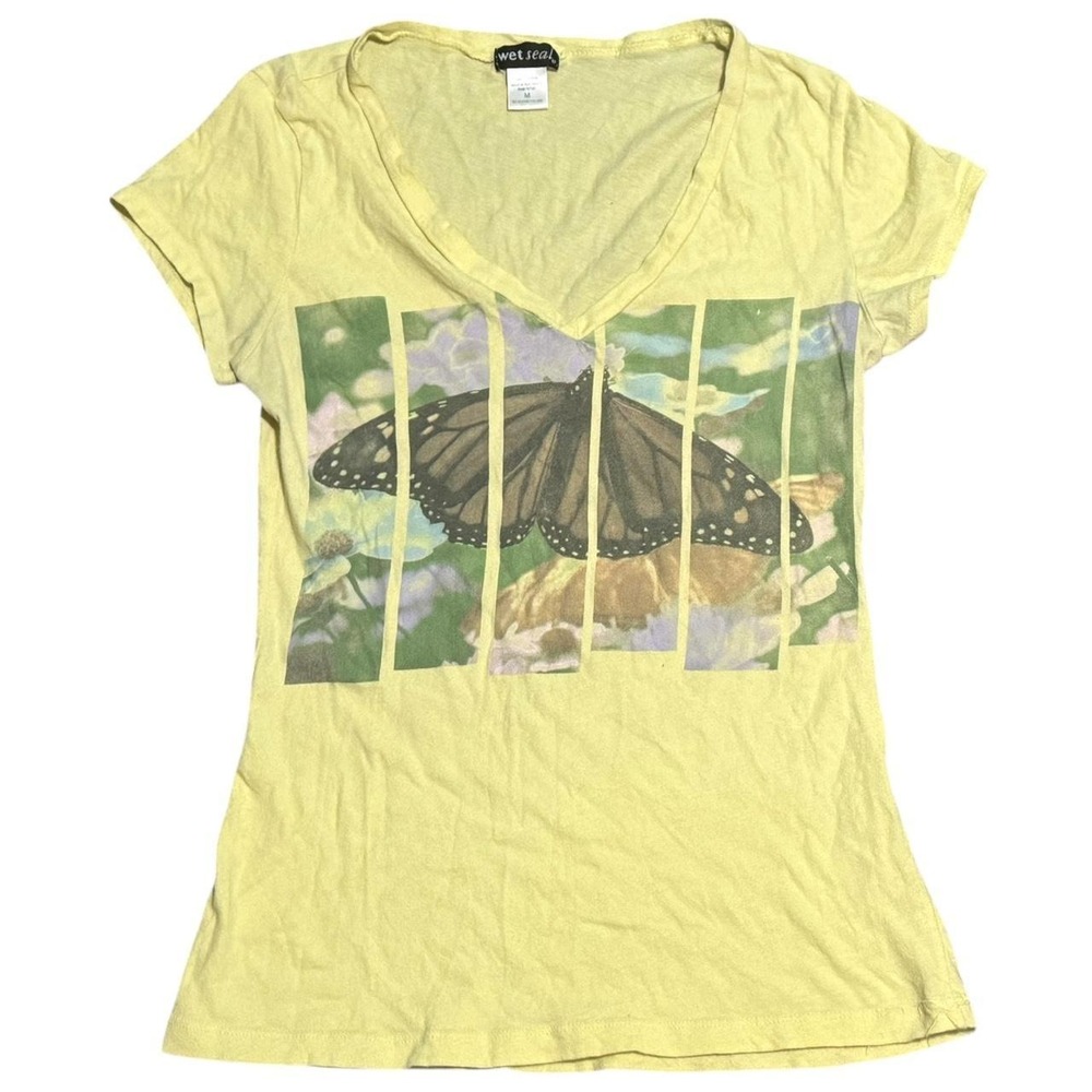 VTG Y2K 90s Wet Seal ButterFly Graphic 100% cotton v neck tee shirt SzM Whimsy